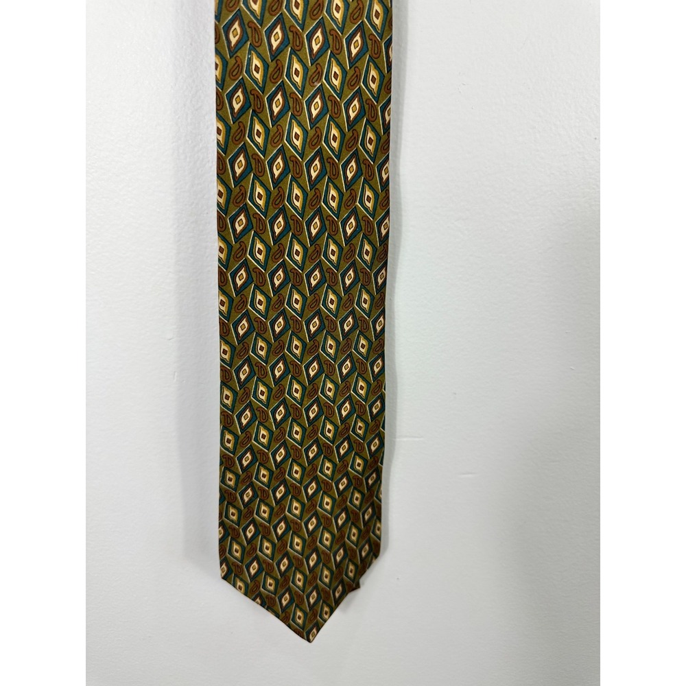 Liberty of London Tie Geometric Diamond Print Olive Brown Silk‎ Mod Retro Preppy